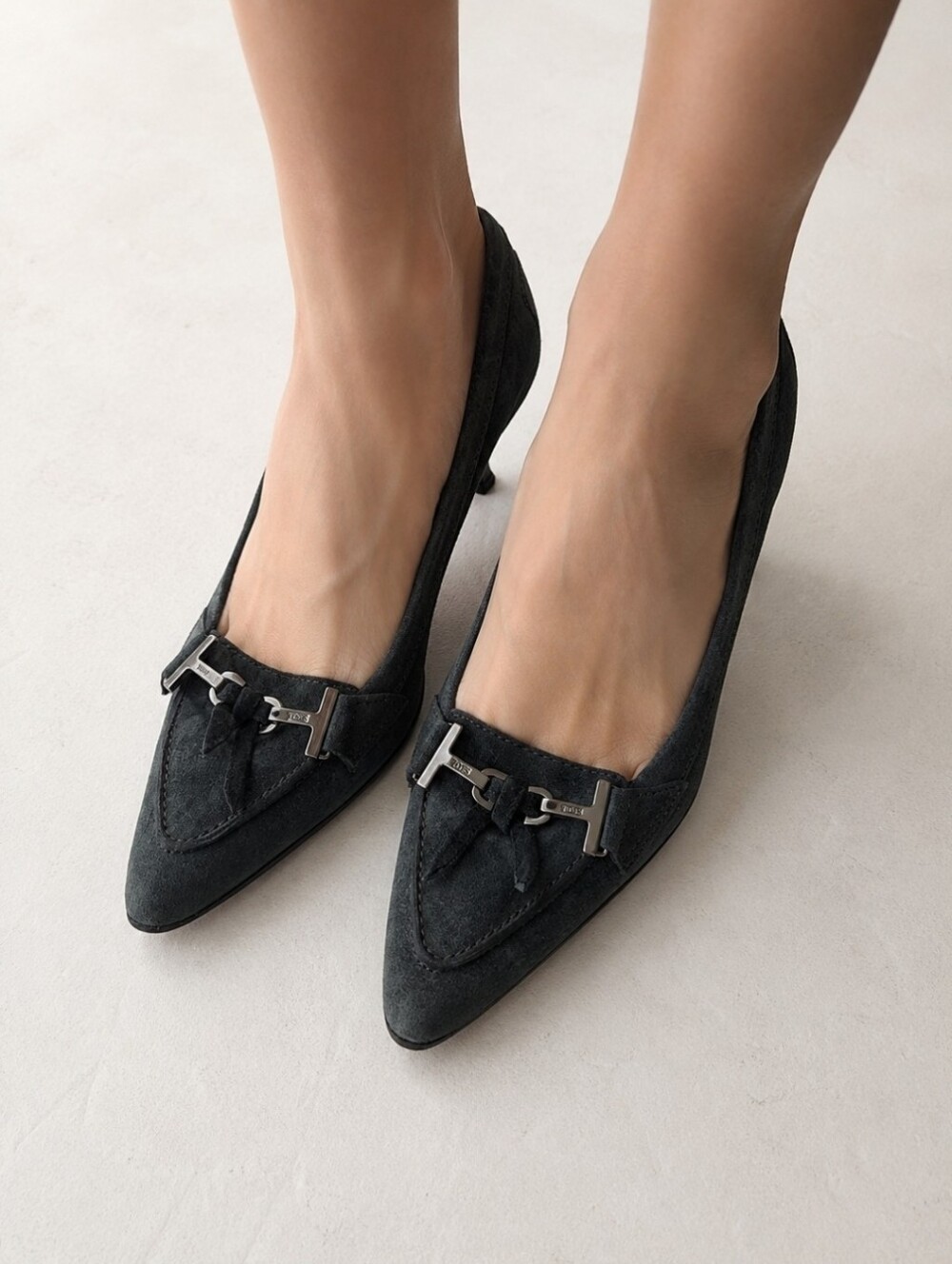 Tod's Gray Suede Pointed-Toe Loafers with Silver Hardware Size 6